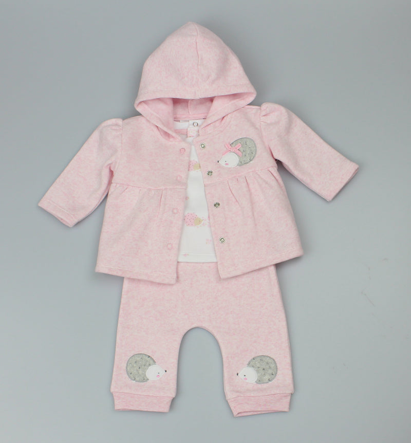 Baby Girls 3pc Pink Marl Fleece Hooded  Jacket All Over Print Top & Trouser Forest Friends-WF1716