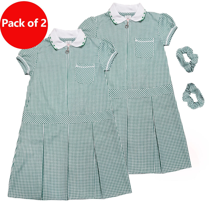 Girls Checked Green School Uniform Pleated Gingham Summer Dress Hair B
