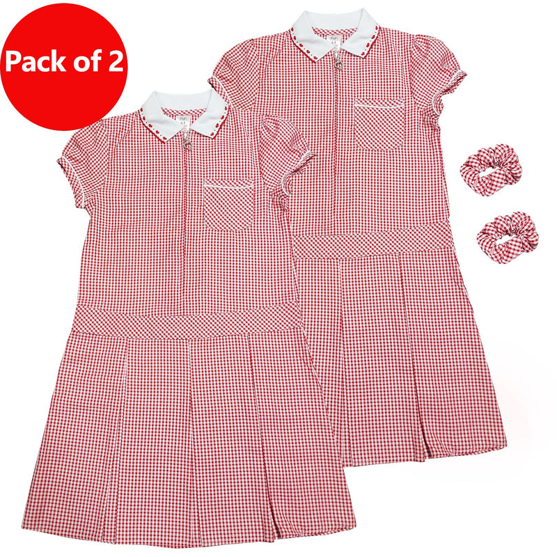 Girls Checked Red School Uniform Pleated Gingham Summer Dress+Hair Bobble 4-11 Years - Kidswholesale.co.uk