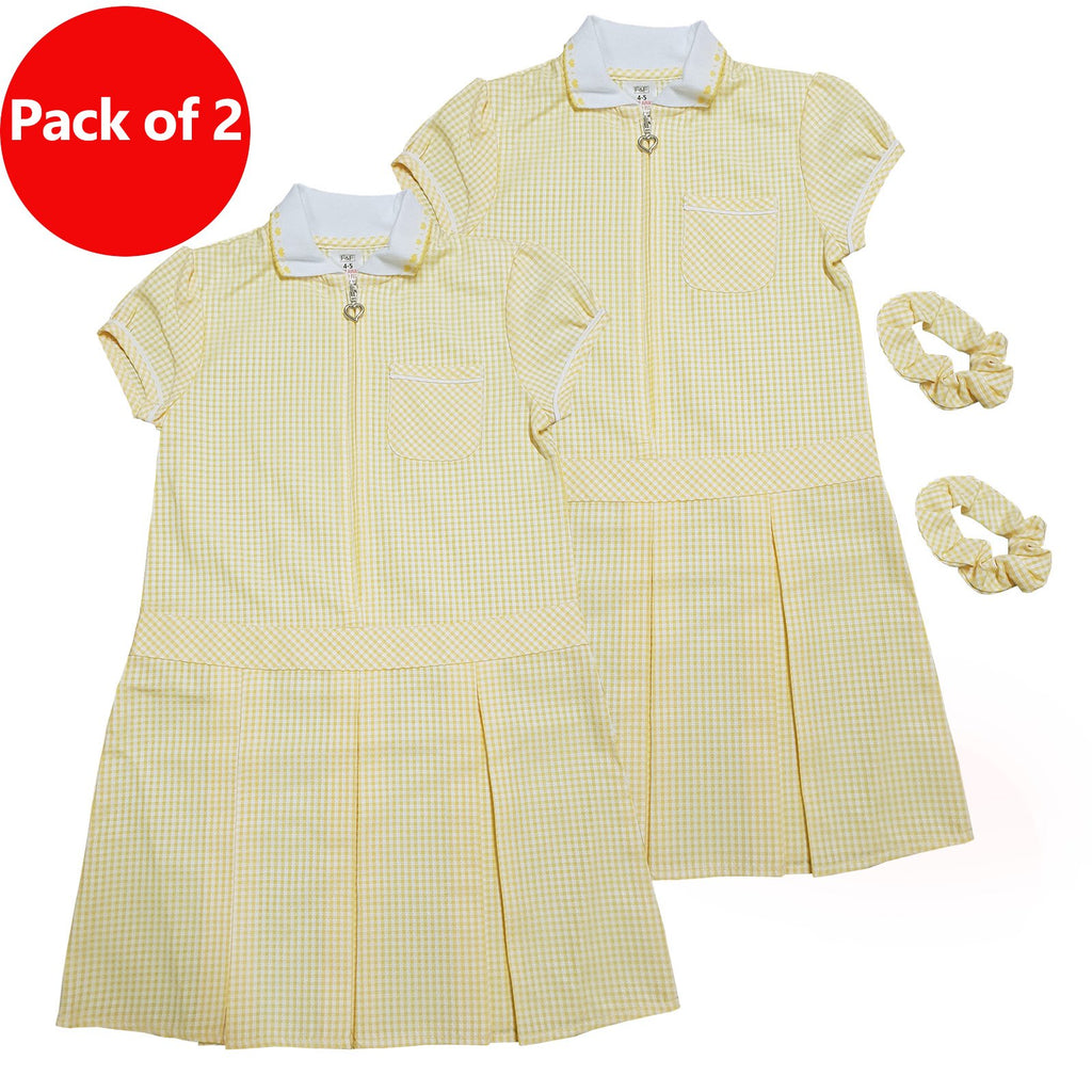 Girls Checked Yellow School Uniform Pleated Gingham Summer Dress Hair Bobble 5 6 Years