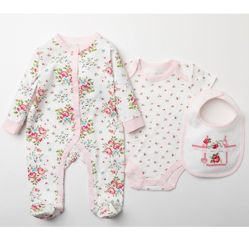 Baby Girls 3pc All in One Set - Cream/Floral (PK4) (NB-6m) W23922