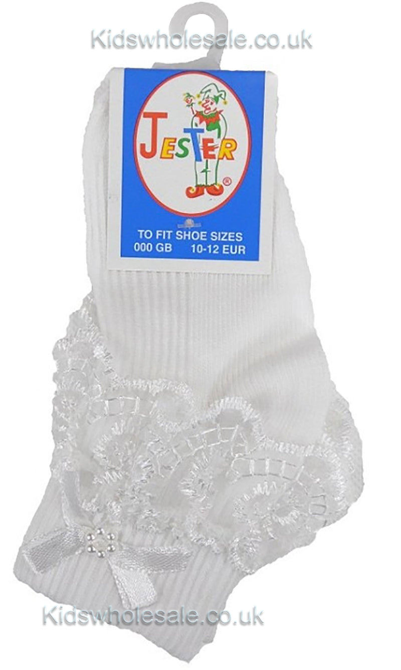 Girls White Jester Frilly Lace Socks-WH - Kidswholesale.co.uk