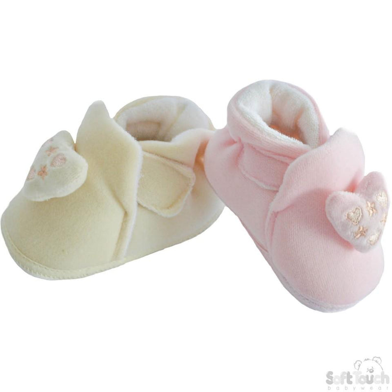 Girls Velour Shoes W/Heart Emb NB-12 Month (B1562) - Kidswholesale.co.uk