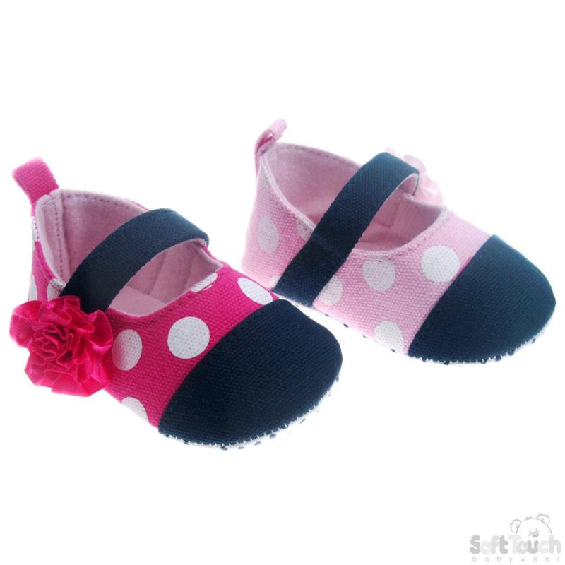 Cotton Polka Dot Shoes W/Flower & Velcro Strap: B2030-G - Kidswholesale.co.uk