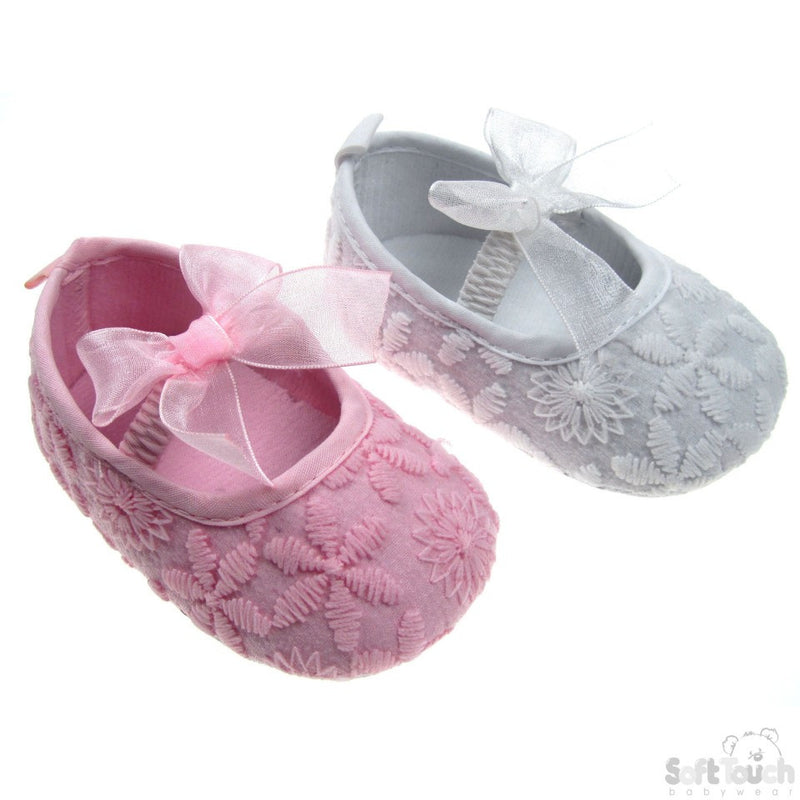  EMBROIDERED SHOES WITH ELASTIC STRAP & MATCHING ORGANZA BOW: B2104