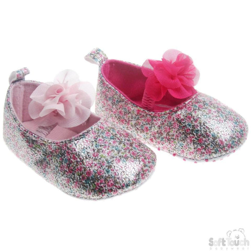 Pink PU Floral Shoes W/ Chiffon Flower B2154 - Kidswholesale.co.uk