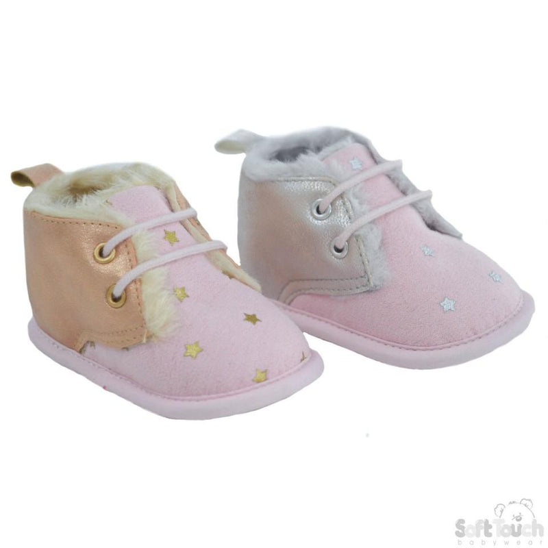 Girl's Pink Suede Trainers W/Star Print, Glitter PU & Fur Lining: B2224 NB-12 Months - Kidswholesale.co.uk