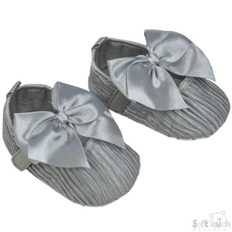 Girls Wrinkled Satin Shoes W/Velcro Fastener & Large Satin Bow: B2226-G - Kidswholesale.co.uk