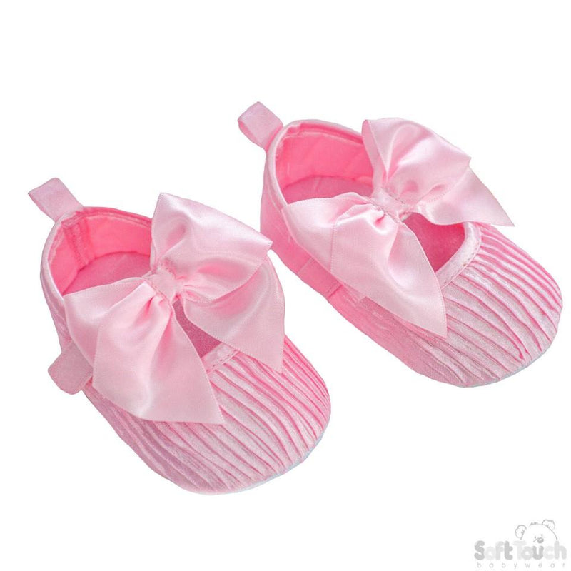 Girls Wrinkled Satin Shoes W/Velcro Fastener & Large Satin Bow: B2226-P - Kidswholesale.co.uk
