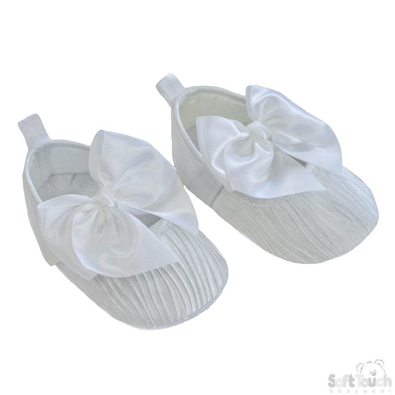Girls Wrinkled Satin Shoes W/Velcro Fastener & Large Satin Bow: B2226-W - Kidswholesale.co.uk