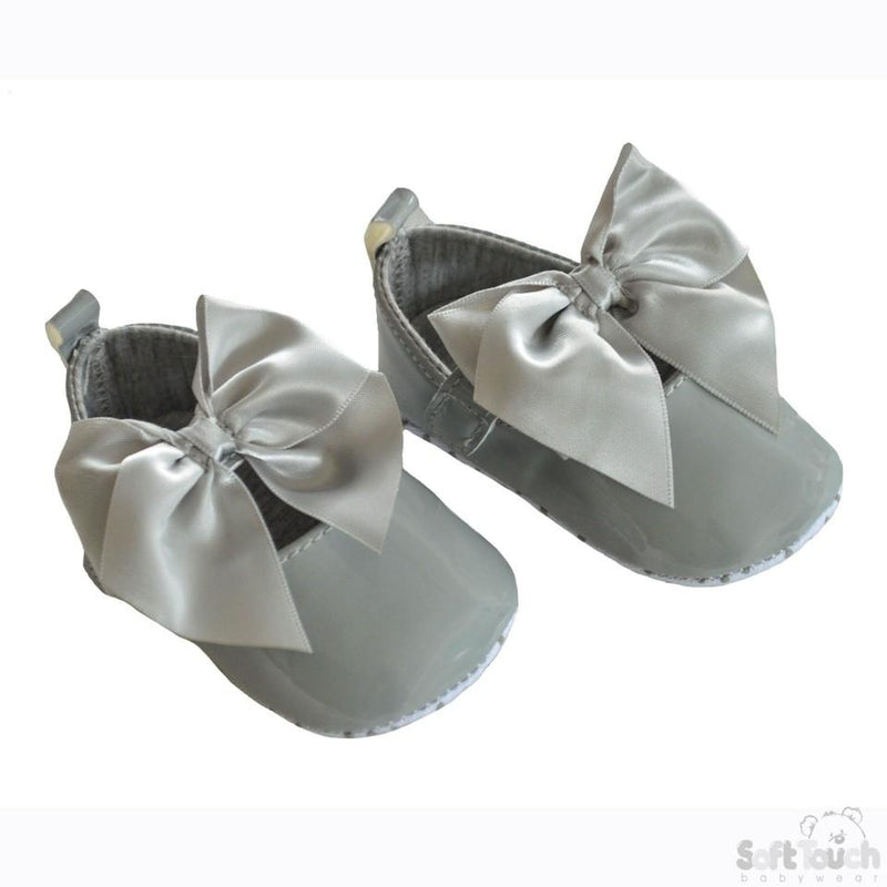 Girls Shiny PU Shoes W/Velcro Strap & Large Satin Bow: B2228-G - Kidswholesale.co.uk