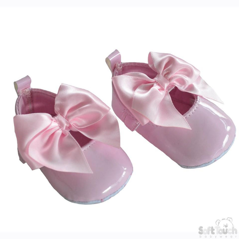Girls Shiny PU Shoes W/Velcro Strap & Large Satin Bow: B2228-P - Kidswholesale.co.uk