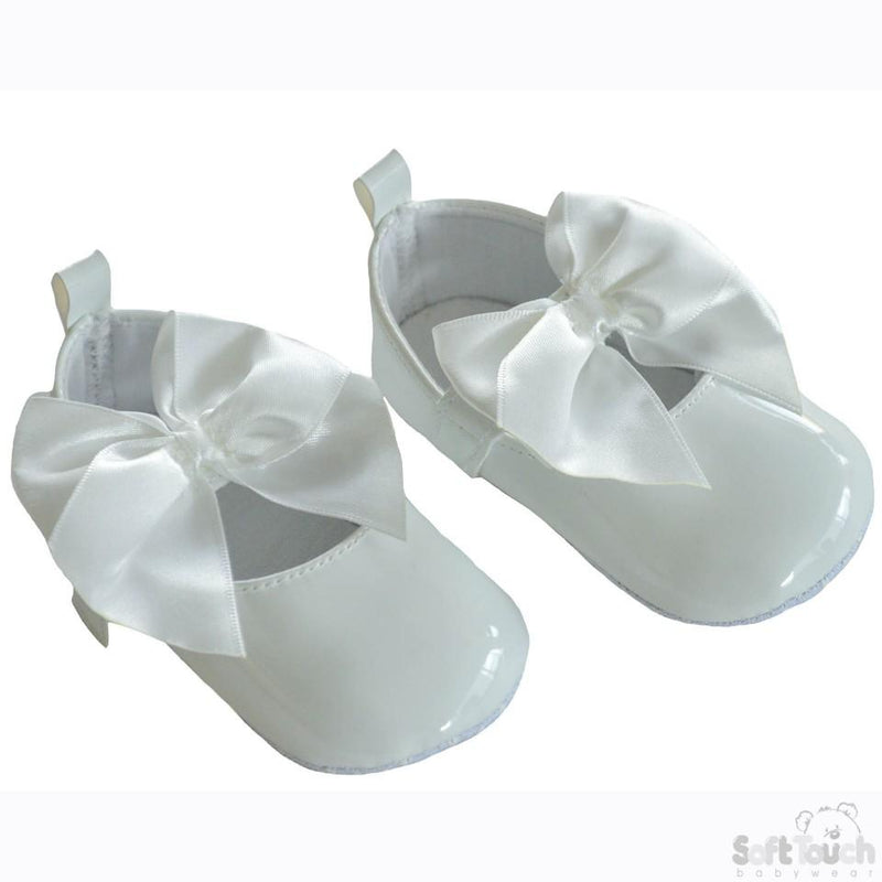 Girls Shiny PU Shoes W/Velcro Strap & Large Satin Bow: B2228-W - Kidswholesale.co.uk