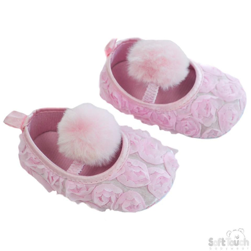 Girls Rose Flower Shoes W/Velcro Strap & Pom Pom: B2230-P - Kidswholesale.co.uk