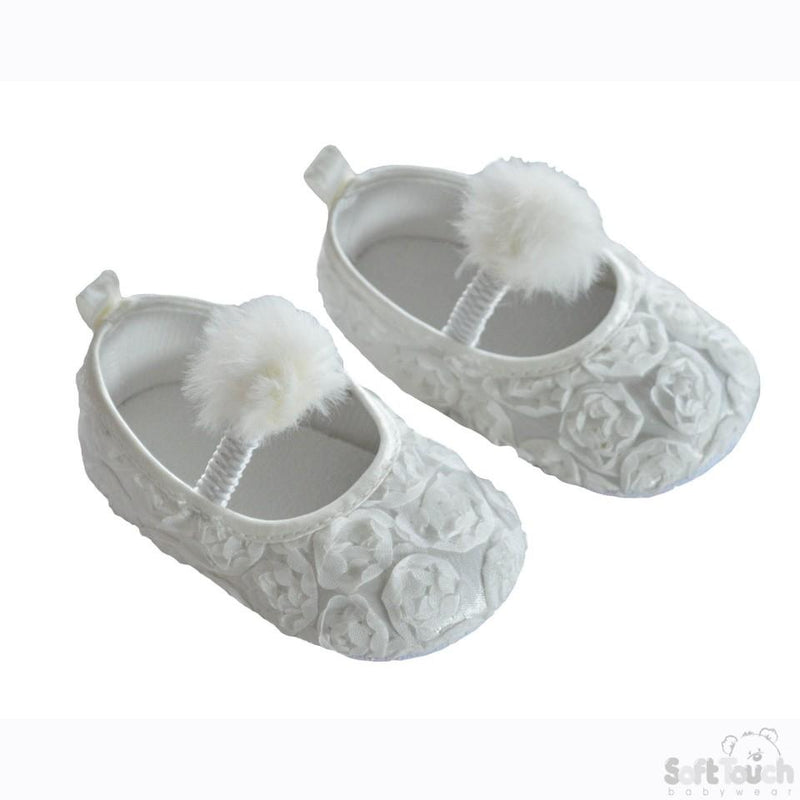Girls Rose Flower Shoes W/Velcro Strap & Pom Pom: B2230-W - Kidswholesale.co.uk