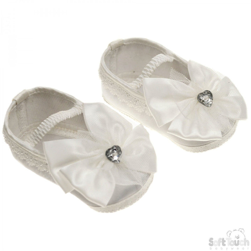 Girls Satin Shoes W/Large Satin Bow & Stitched Heart Diamonte (B91-C) - Kidswholesale.co.uk