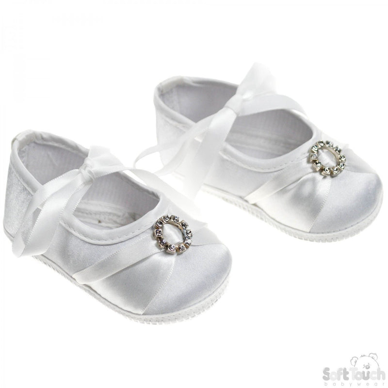 Girls Satin Shoes W/Round Diamonte Hoop & Ribbon Ties: B93-W - Kidswholesale.co.uk