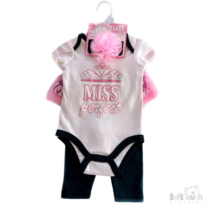 GIRLS "MISS PERFECT" 3 PIECE SET - HEADBAND, BODYSUIT & PANTS: BG74 - Kidswholesale.co.uk