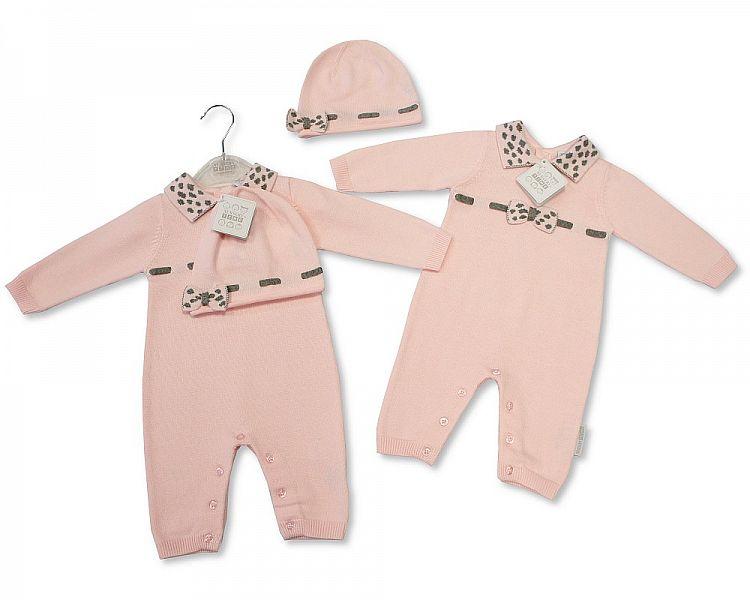 Baby Girls Knitted Cotton Romper with Hat - NB-6M - (BIS-2027-1906) - Kidswholesale.co.uk