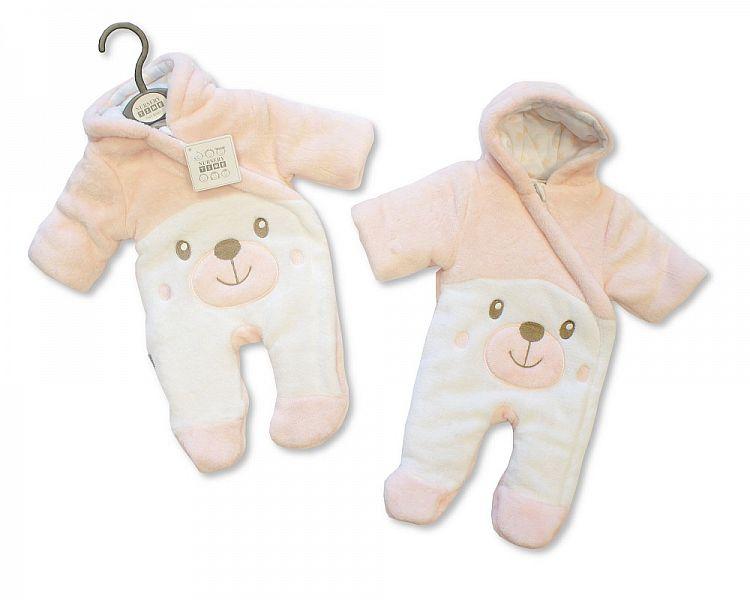 Baby Padded Snowsuit - Teddy - Pink - NB/6M - (BIS-2028-2108P) - Kidswholesale.co.uk