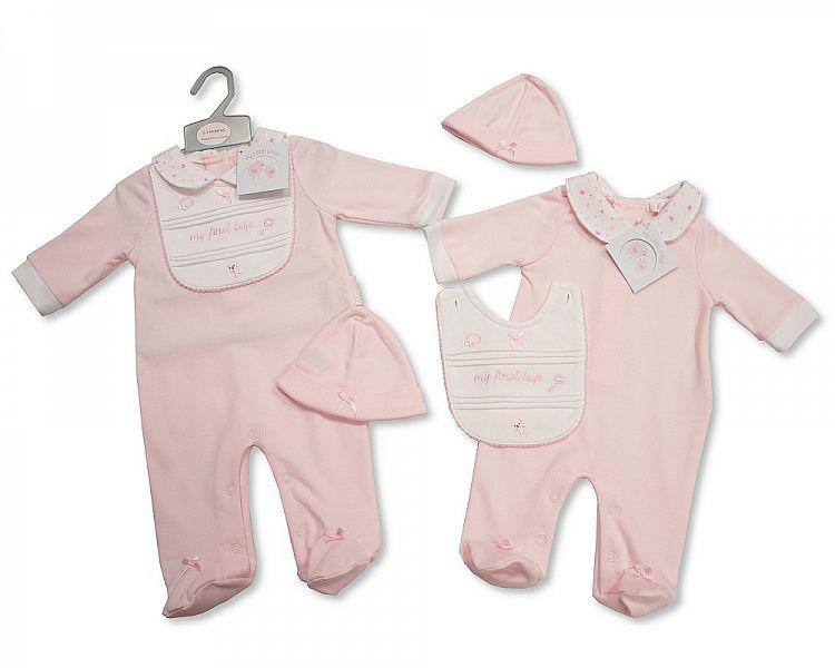 Baby Girls All in One with Bib and Hat - Toys- NB-3 (BIS-2098-1976) - Kidswholesale.co.uk