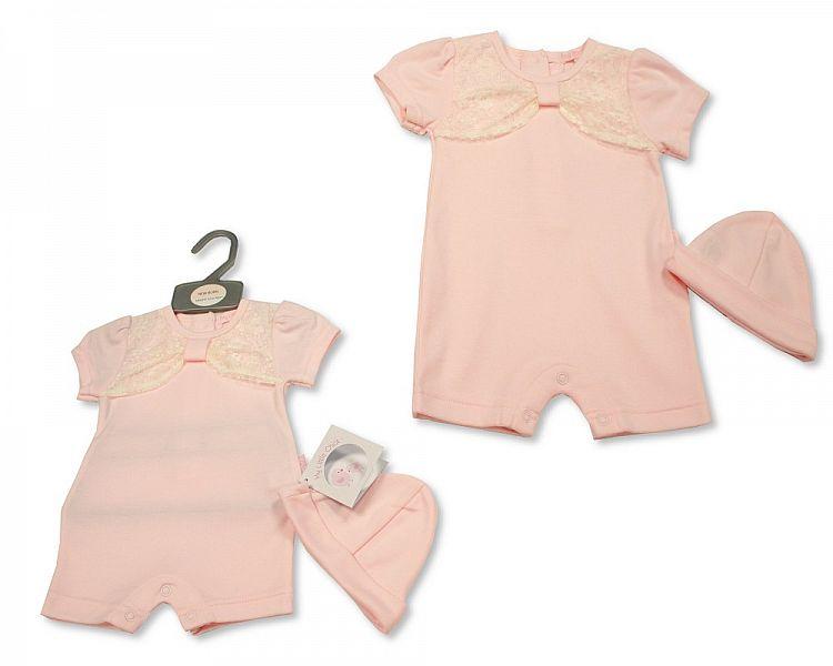 Baby Girls Romper with Lace and Hat (NB-6 Months) Bis-2100-2291 - Kidswholesale.co.uk