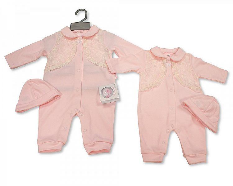Baby Girls Long Romper with Lace and Hat(NB-6 Months) Bis-2100-2293 - Kidswholesale.co.uk
