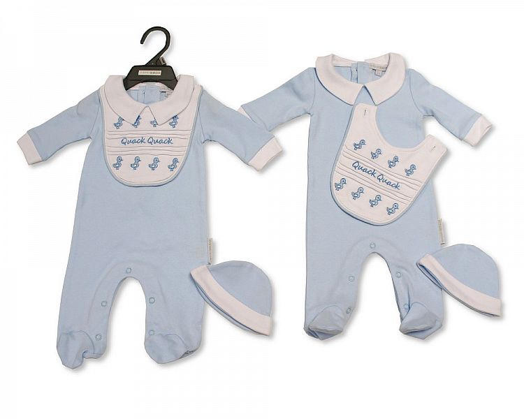 Baby Boys 3 Pieces Set - Quack, Quack (Sleepsuit with Collar, Bib, Hat)-Bis-2100-2296