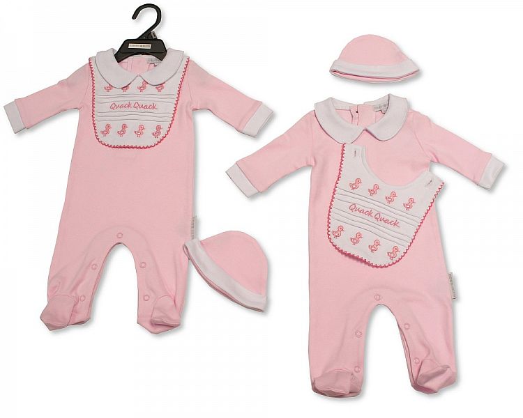 Baby Girls 3 Pieces Set - Quack, Quack (Sleepsuit with Collar, Bib, Hat)-Bis-2100-2297