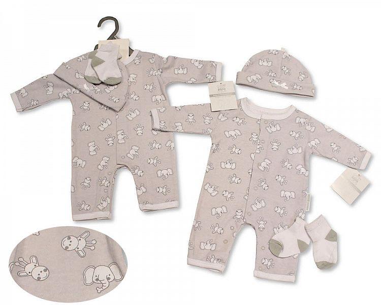 Baby All-In-One with Hat and Socks - Elephant/ Giraffe (NB & 0-3 Months ) Bis-2100-2315 - Kidswholesale.co.uk