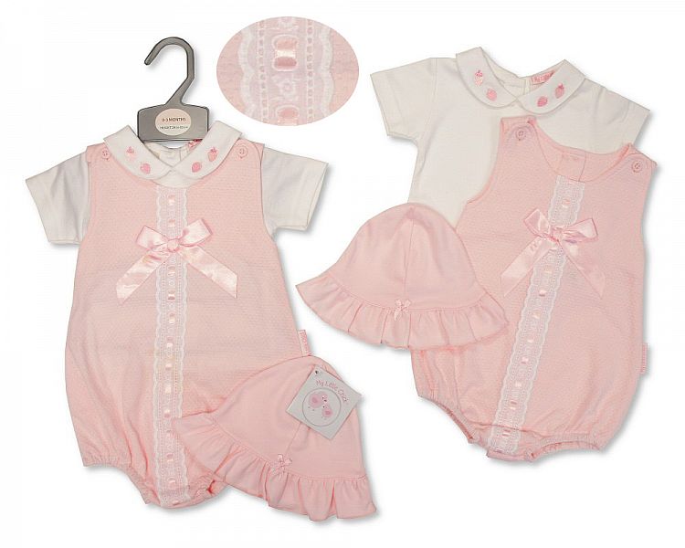 Baby Girls 2 Pieces Romper Set with Lace, Bow and Hat - Strawberry-2100-2365