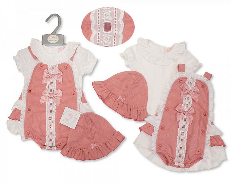 Baby Girls 2 Pieces Set with Anglaise Lace, Bows and Hat-2100-2370