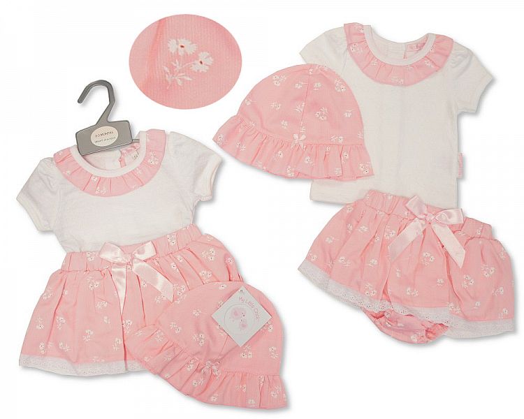 Baby Girls 2 Pieces Dress Set with Lace, Bow and Hat - Flower-2100-2373