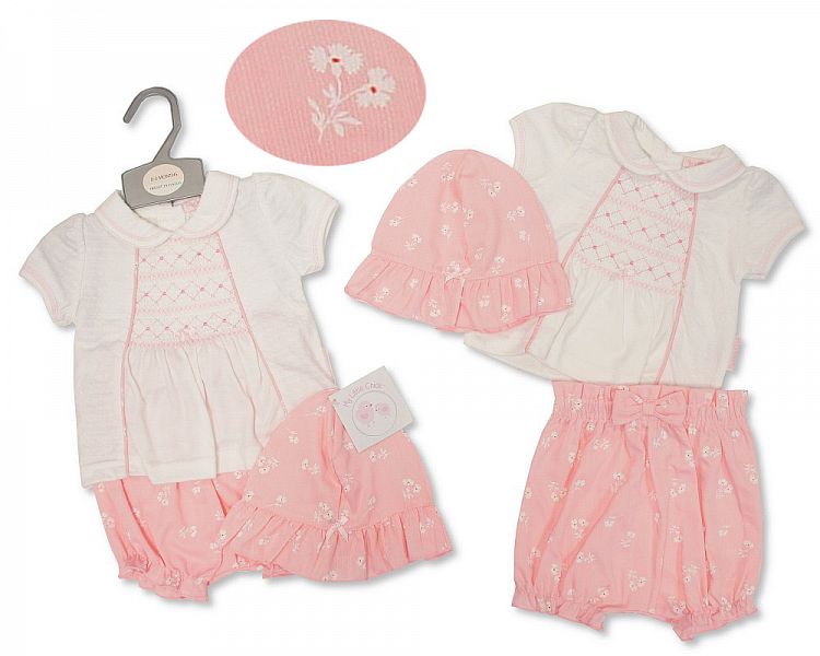 Baby Girls 2 Pieces Short Set with Smocking and Hat - Flowers-2100-2374