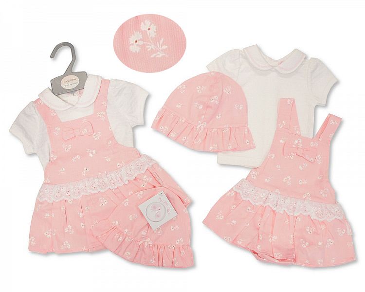 Baby Girls 2 Pieces Dungaree Dress Set with Lace and Hat - Flowers-2100-2375