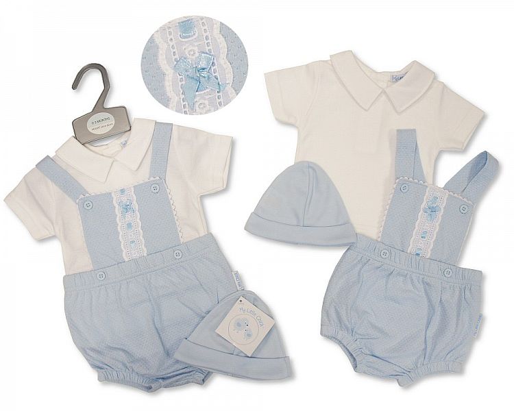 Baby Boys 2 Pieces Dungaree Set with Lace and Hat-2100-2379