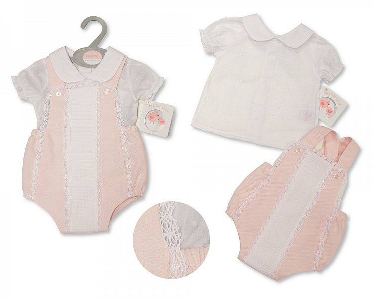 Baby Girls 2 Pieces Cotton Dungaree Set with Lace (NB-6 Months)-2100-2391