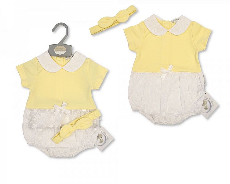 Baby Girls Romper with Bow and Headband - Lemon (NB-6 Months) (PK6) Bis-2120-6041