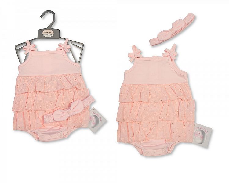 Baby Girls Tiered Romper with Bows and Headband - Pink (NB-6 Months) (PK6) Bis-2120-6046