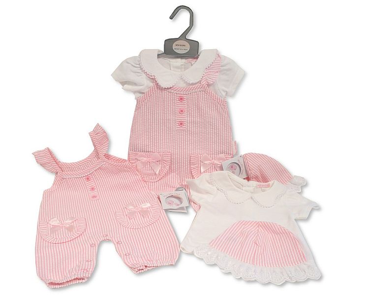 Baby Girls Striped 2 pcs Dungaree Set with Bows and Hat (NB-6m) (PK6) BIS-2120-6117