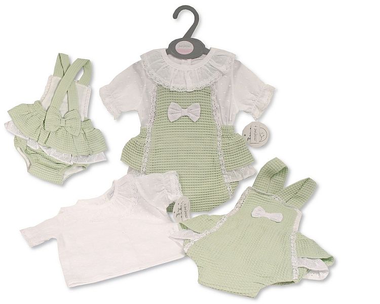 Baby Girls Dungaree Set with Bows and Lace - Sage - (12-24m) (PK6) BIS-2120-6135a
