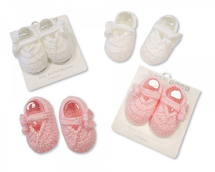 Knitted Baby Booties - Pink and White-344 - Kidswholesale.co.uk