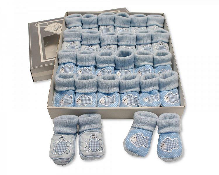 Baby Booties with Embroidery - Tortoise/ Fish - Sky (0-3 Months) BSS-116-356 - Kidswholesale.co.uk