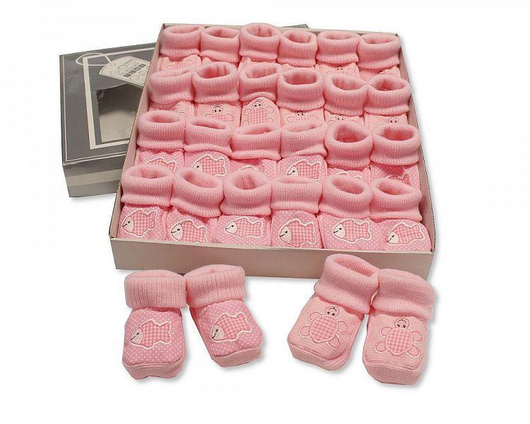 Baby Booties with Embroidery - Tortoise/ Fish - Pink (0-3 Months) BSS-116-357 - Kidswholesale.co.uk
