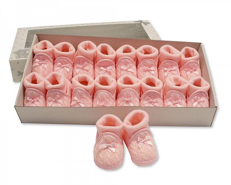Knitted Baby Booties with Socks and Bow - Pink BSS-116-363p - Kidswholesale.co.uk