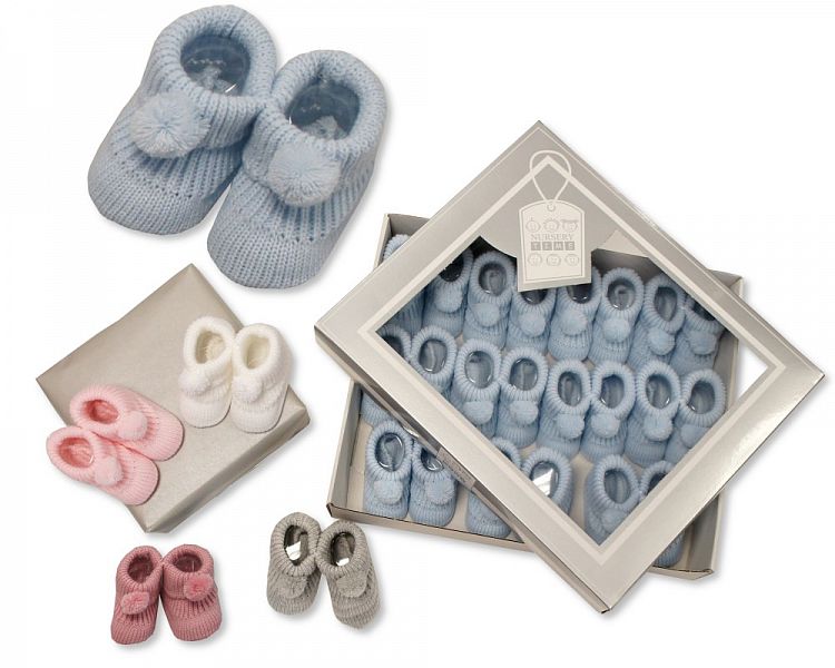 Knitted Baby Booties with Pompoms- (PK12) (BSS-116-377)