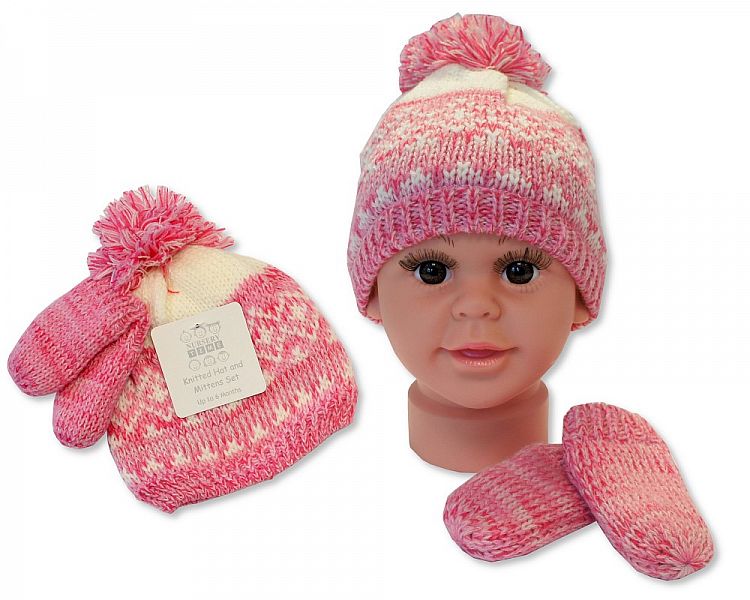 Baby Girls Knitted Pom-Pom Hat and Mitten Set with Lining (0-12 Months) Bw 0503-0332p-Jac