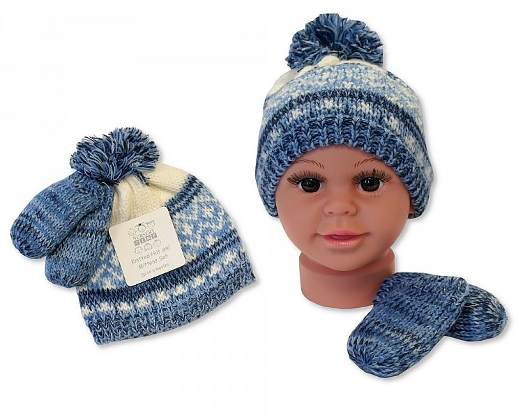 Baby Boys Knitted Pom-Pom Hat and Mitten Set with Lining (0-12 Months) Bw 0503-0332s-Jac