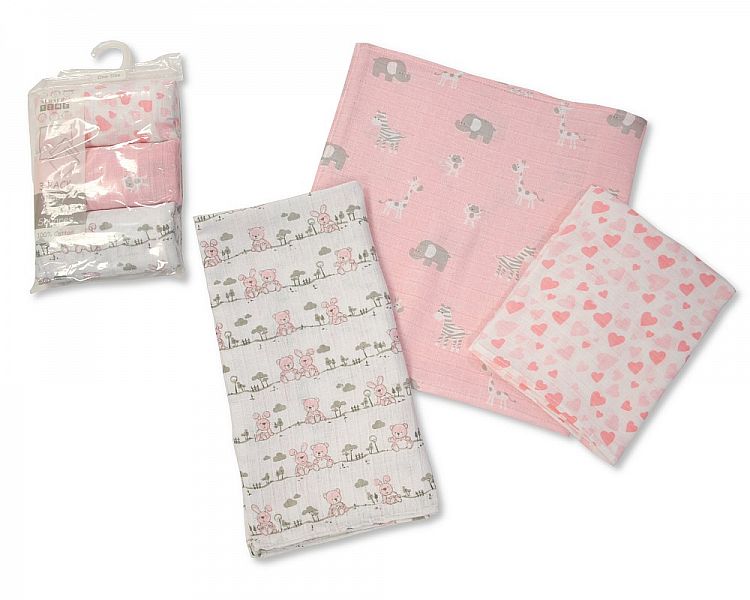 Baby Muslin Squares - Packs of 3 - Pink - Bw 0503-0522P
