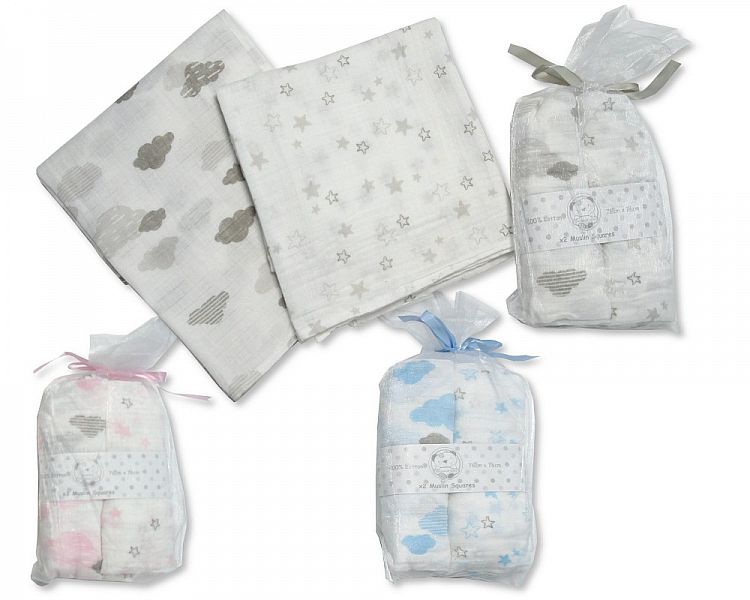 Baby Muslin Squares 2 Pack - Clouds and Stars - Bw 0503-0528